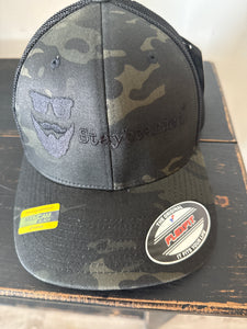 Flexfit “Hats” Camo w/Mesh back. Black embroidery